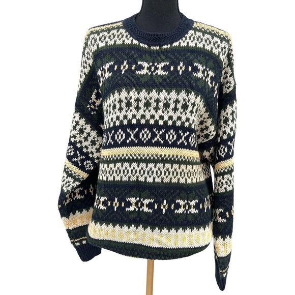 New Vintage Ivy Crew Fair Isle Navy Green Knitted Ski Nordic‎ Sweater Large - Picture 1 of 7